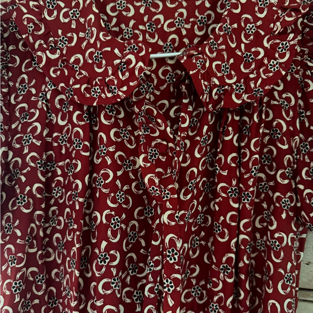 Doên Evienne Dress -- Ameline Ditsy Red Silk Bow Dress,  sz s - Picture 5 of 8